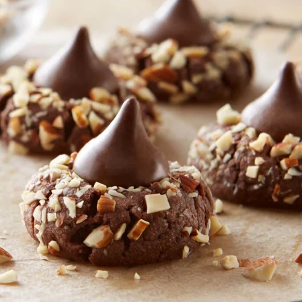 tray of freshly baked chocolate almond blossom cookies