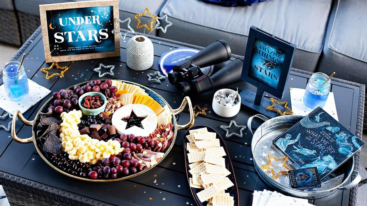 star gazing party charcuterie board and themed decorations