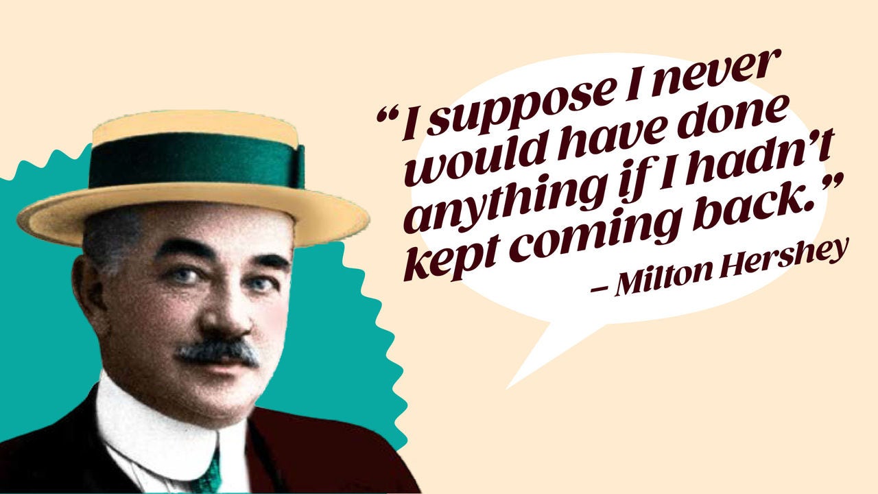 "I suppose I never would have done anything if I hadn't kept coming back." is a quote by Milton Hershey