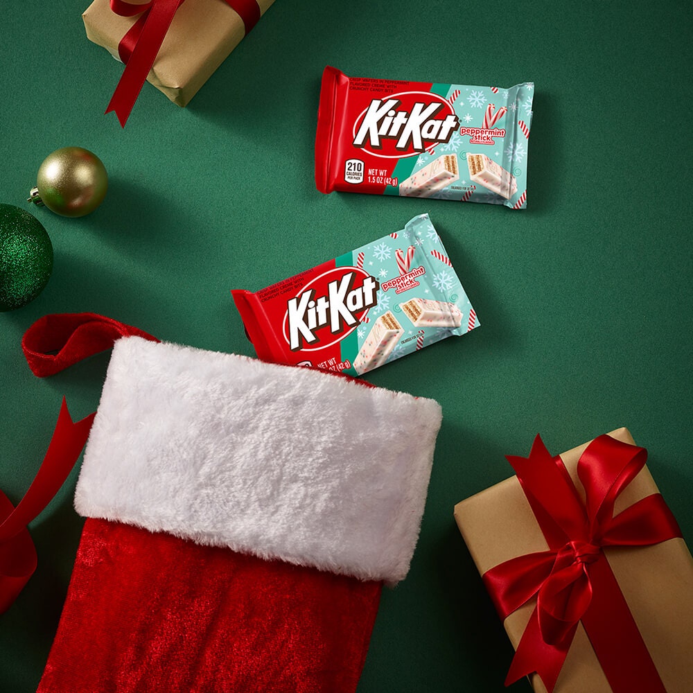 stocking filled with peppermint kit kats