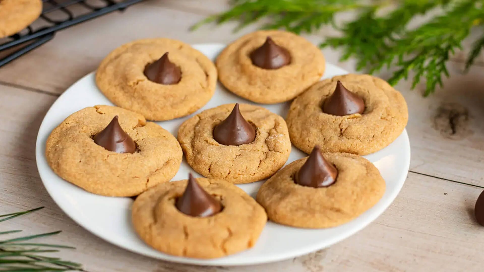 Peanut butter blossom cookies topped with Hershey's Kisses.
