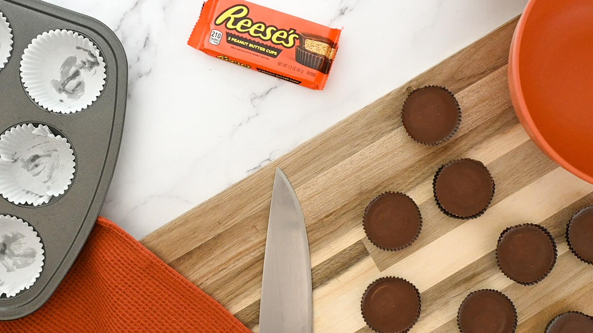 reeses peanut butter cups about to be coarsely chopped