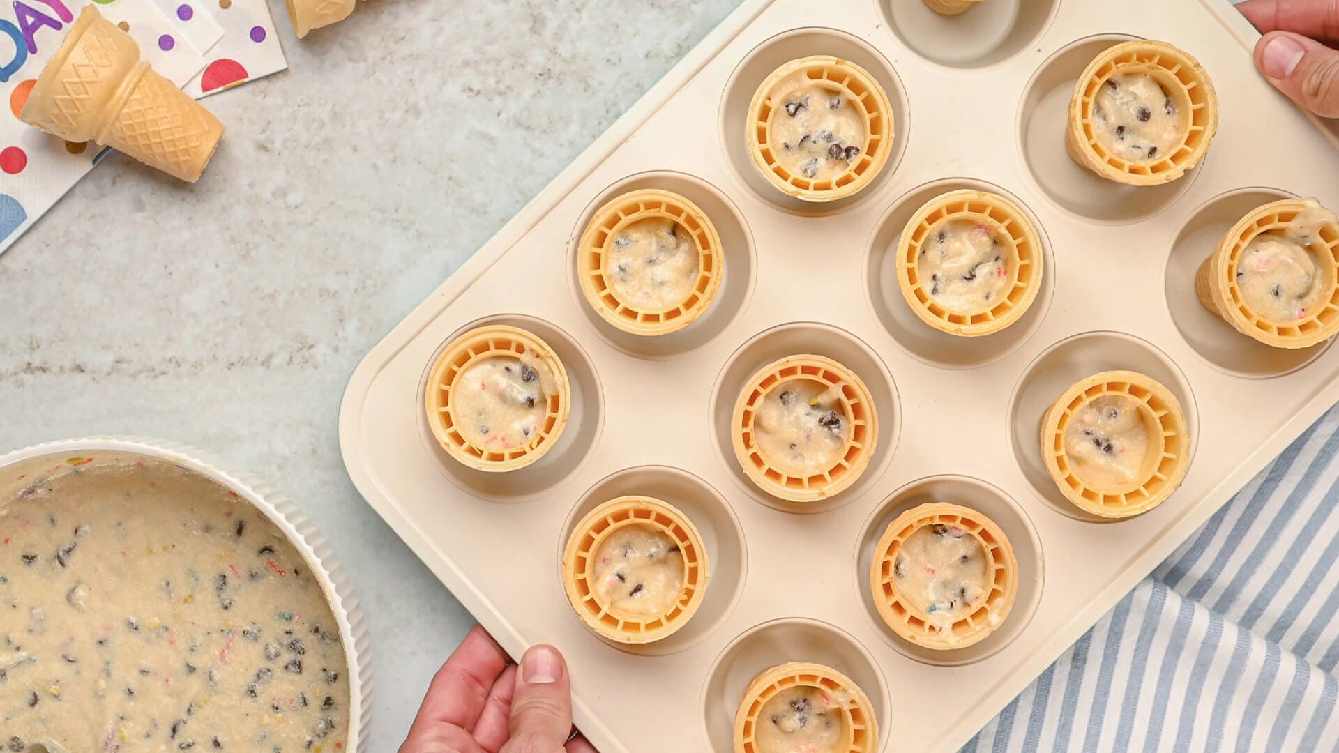 batter added to cones