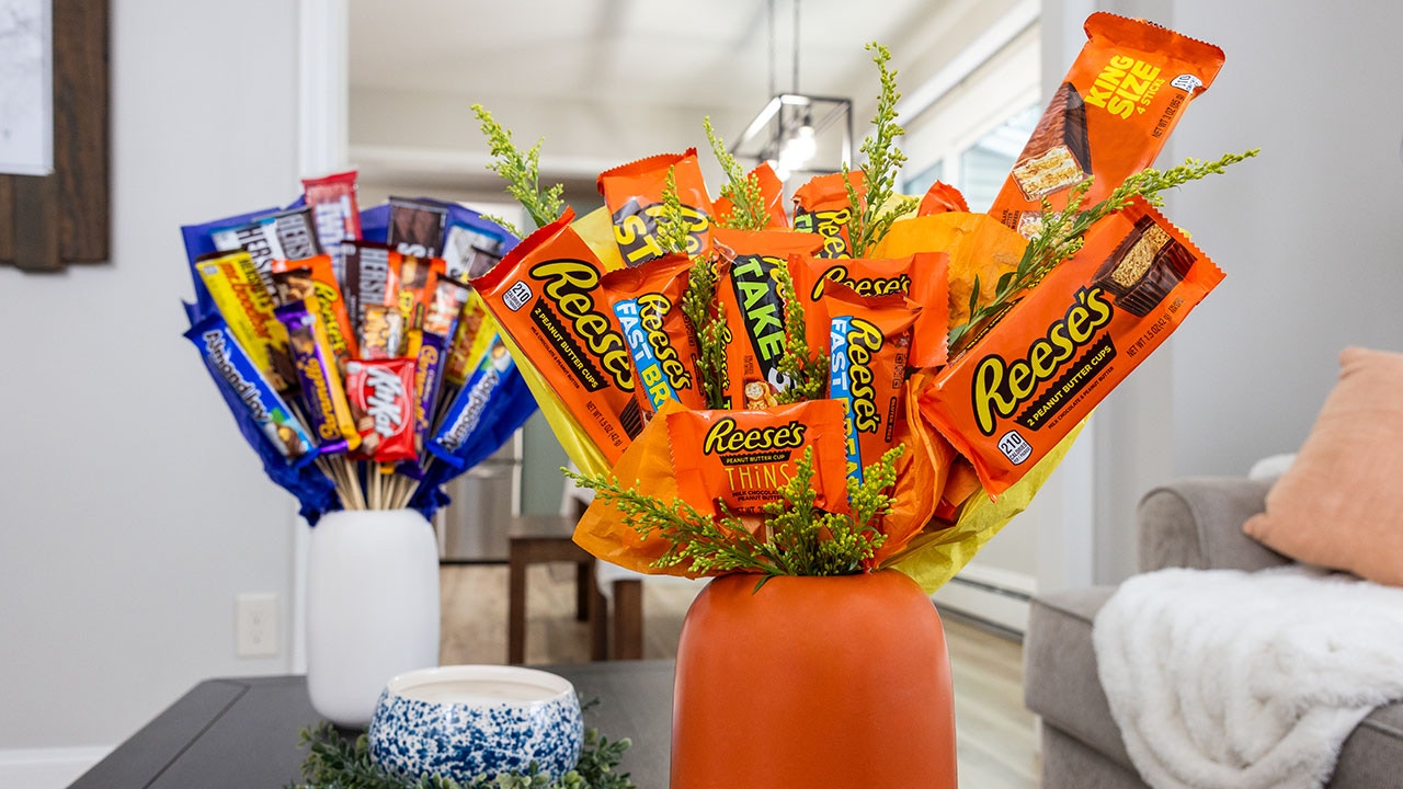 reeses and hersheys candy bar bouquets on living room coffee table