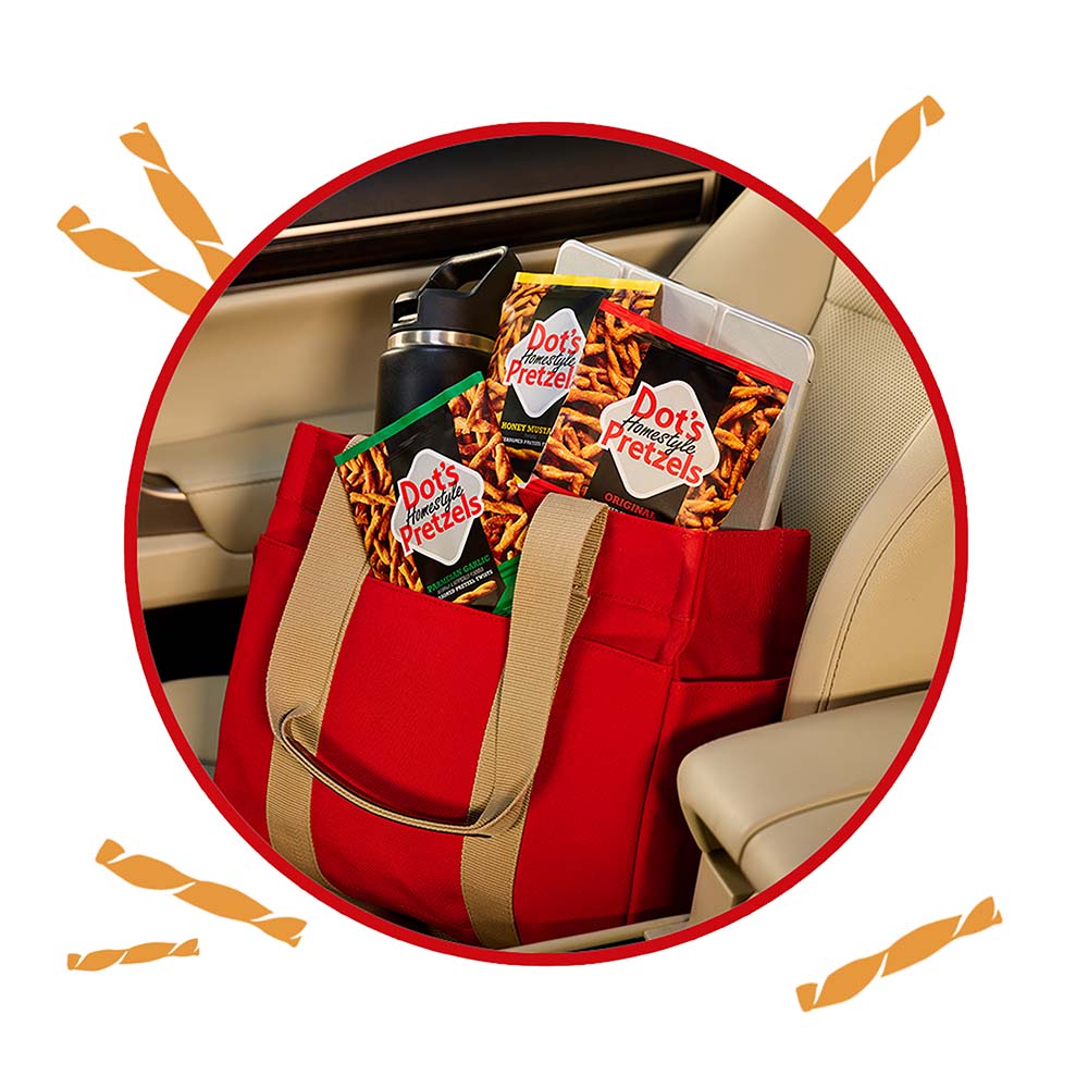 assorted snack size bags of dots homestyle pretzels inside a tote bag