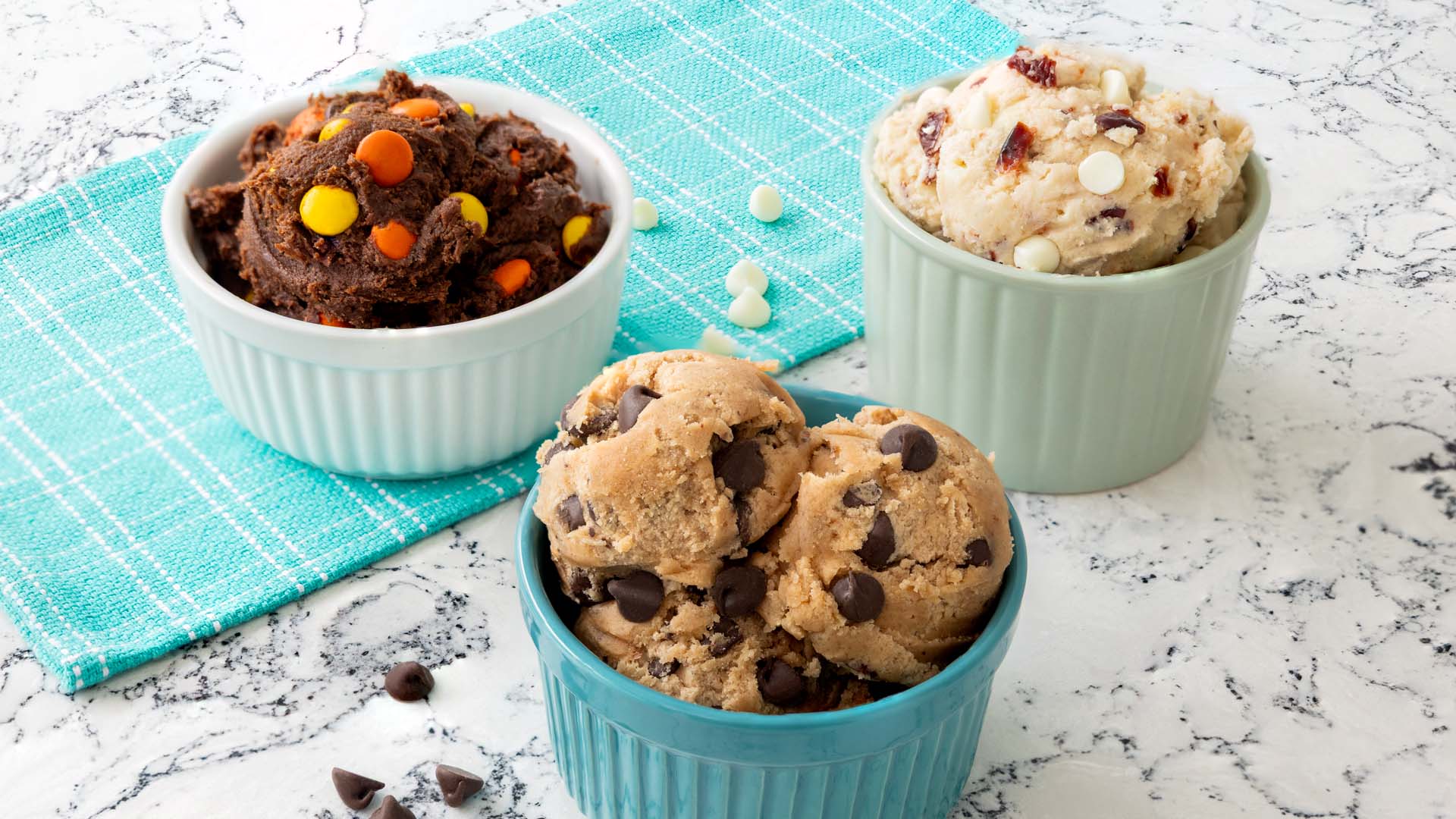 individual bowls of flavored edible cookie dough