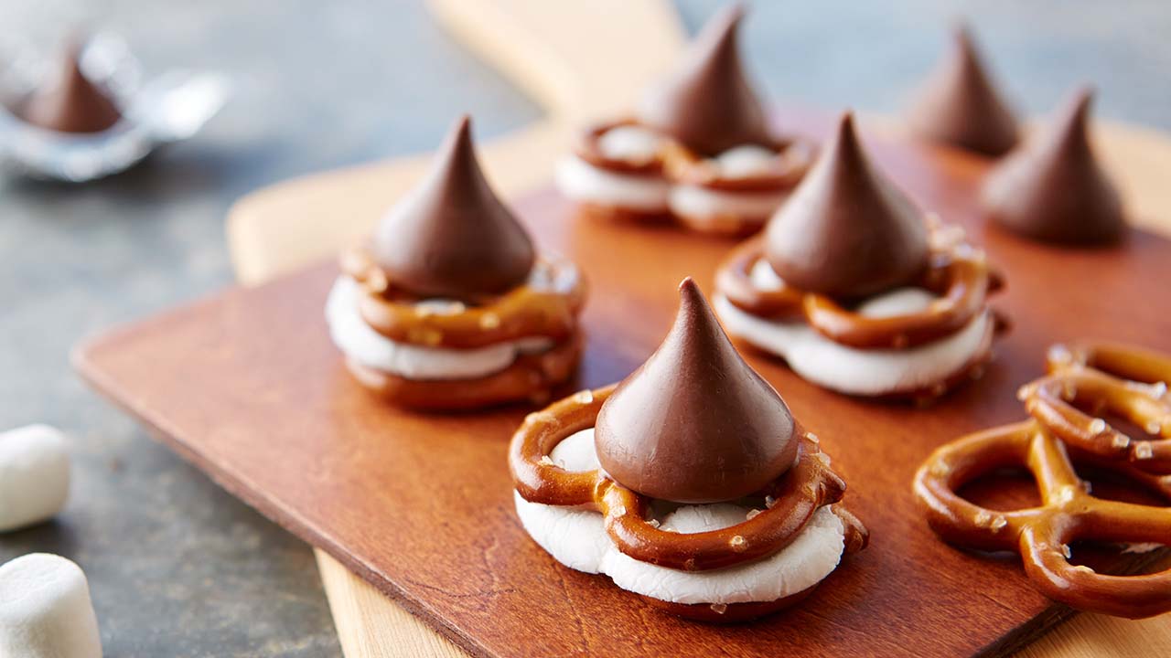 tray of hersheys kisses candy pretzel smores