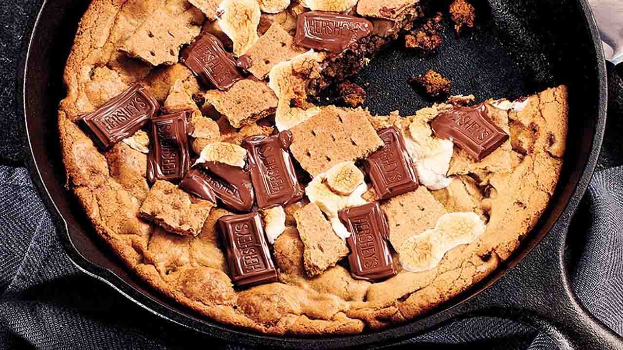 hersheys smores made in a cast iron skillet