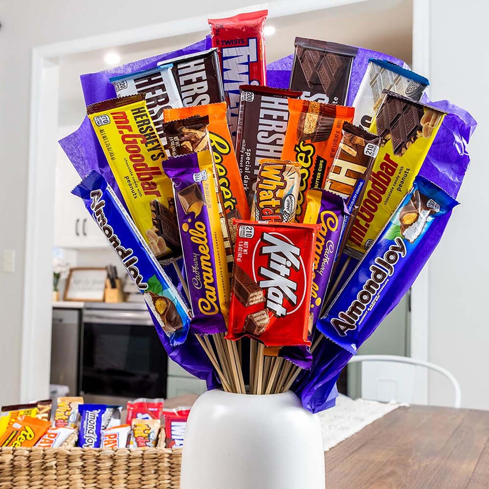 candy flower bouquet on coffee table