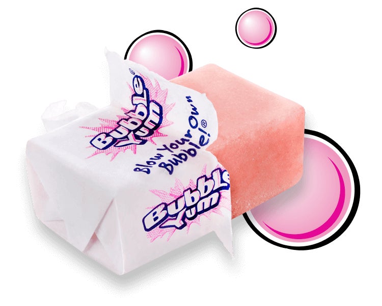 partially unwrapped piece of bubble yum original bubble gum beside bubble illustrations