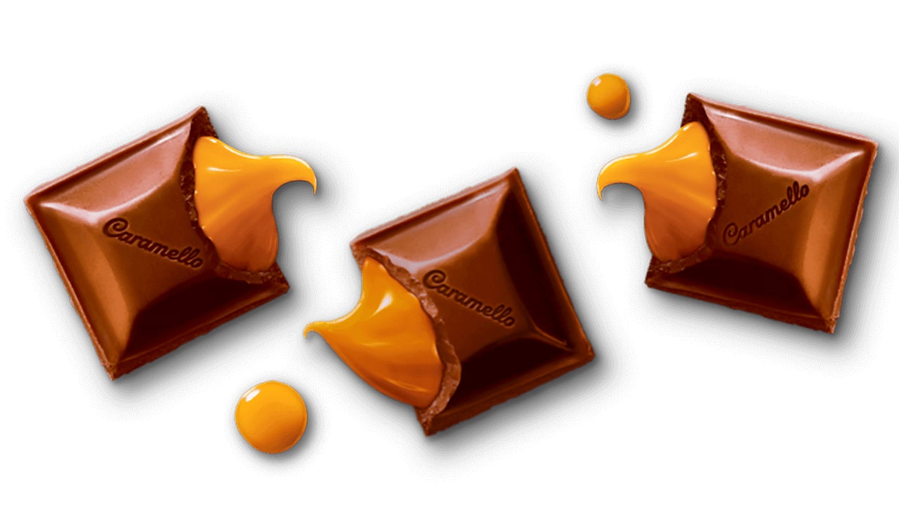 cadbury caramello milk chocolate squares with drips of caramel pouring out