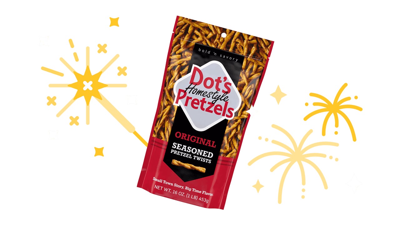 firework illustrations paired with bag of dots homestyle pretzels original seasoned pretzel twists