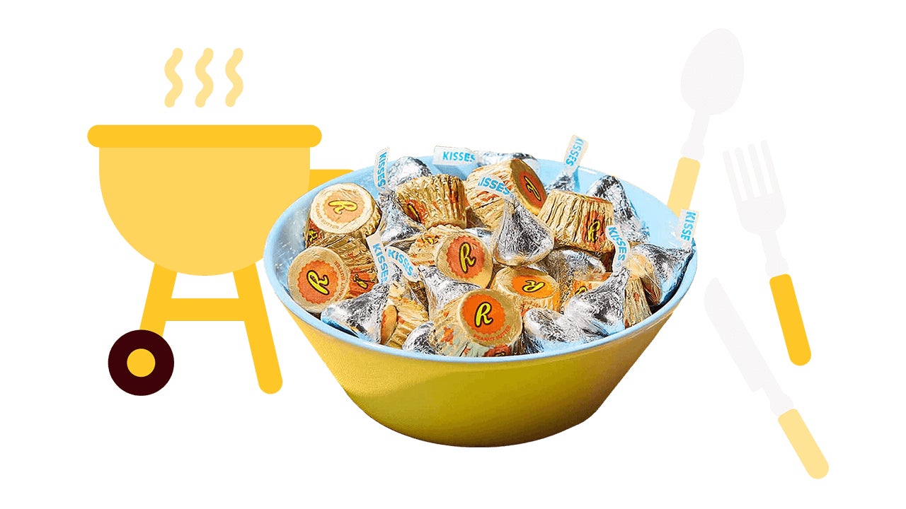 bbq illustrations paired with bowl of hersheys kisses and reeses peanut butter cups