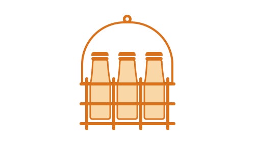 milk carrier filled with three glass bottles of milk