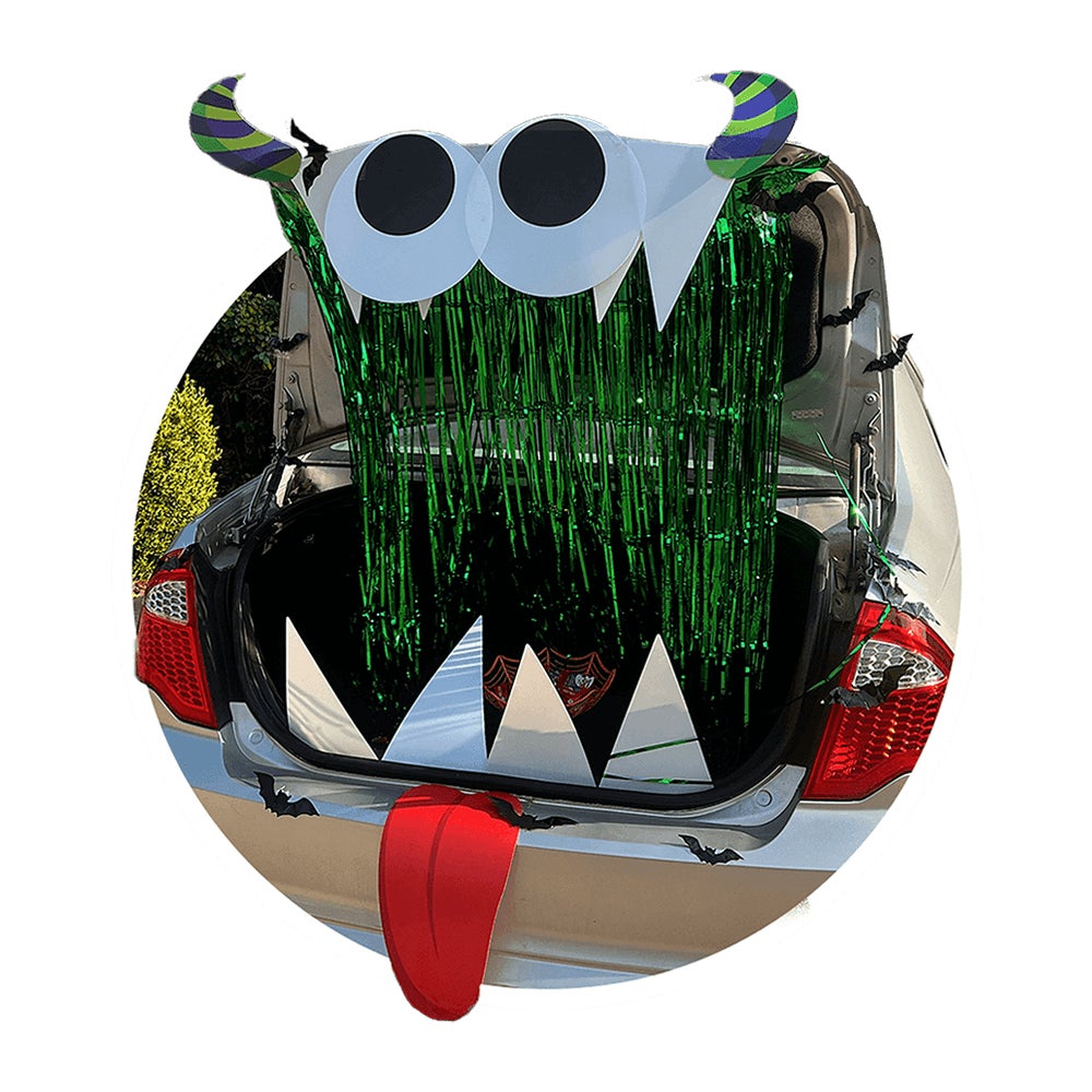 sedan decorated as a halloween monster for trunk or treat