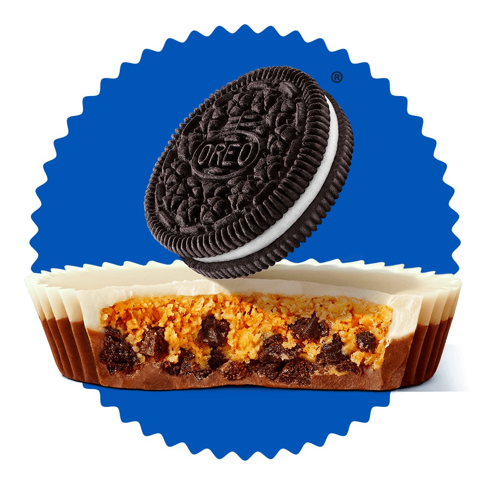 reeses oreo cup next to an oreo cookie