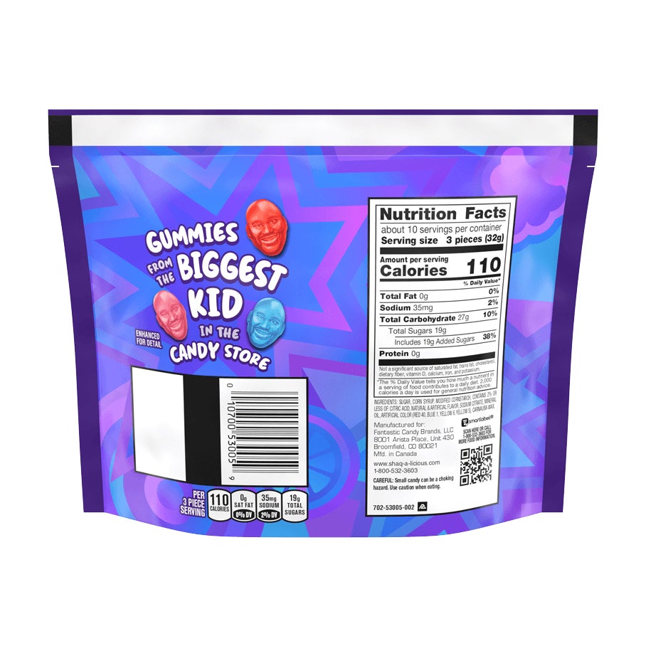 SHAQ-A-LICIOUS XL Gummies Original Flavors Candy, 11.8 oz bag - Back of Package