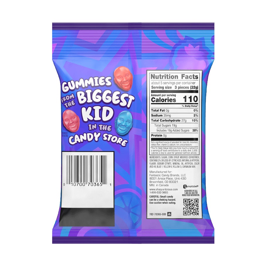 SHAQ-A-LICIOUS XL Gummies Original Flavors Candy, 6.2 oz bag - Back of Package