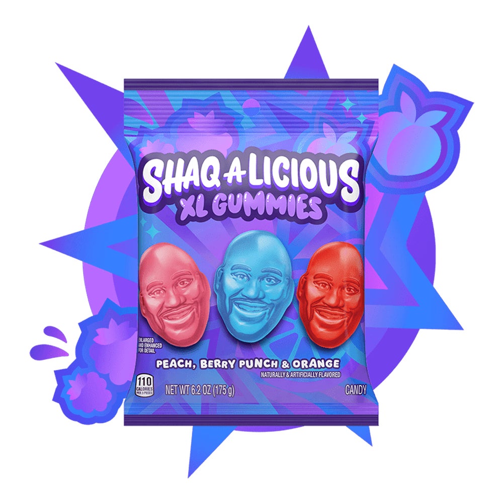 bag of shaqalicious xl gummies original flavors candy on top of flavor burst pattern