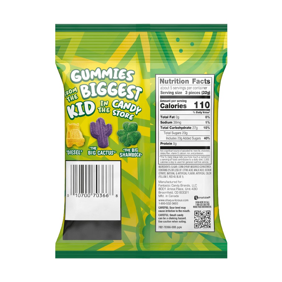 SHAQ-A-LICIOUS XL Gummies Sour Flavors Candy, 6.2 oz bag - Back of Package