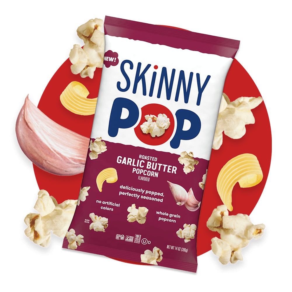 bag of skinnypop roasted garlic butter flavored popcorn