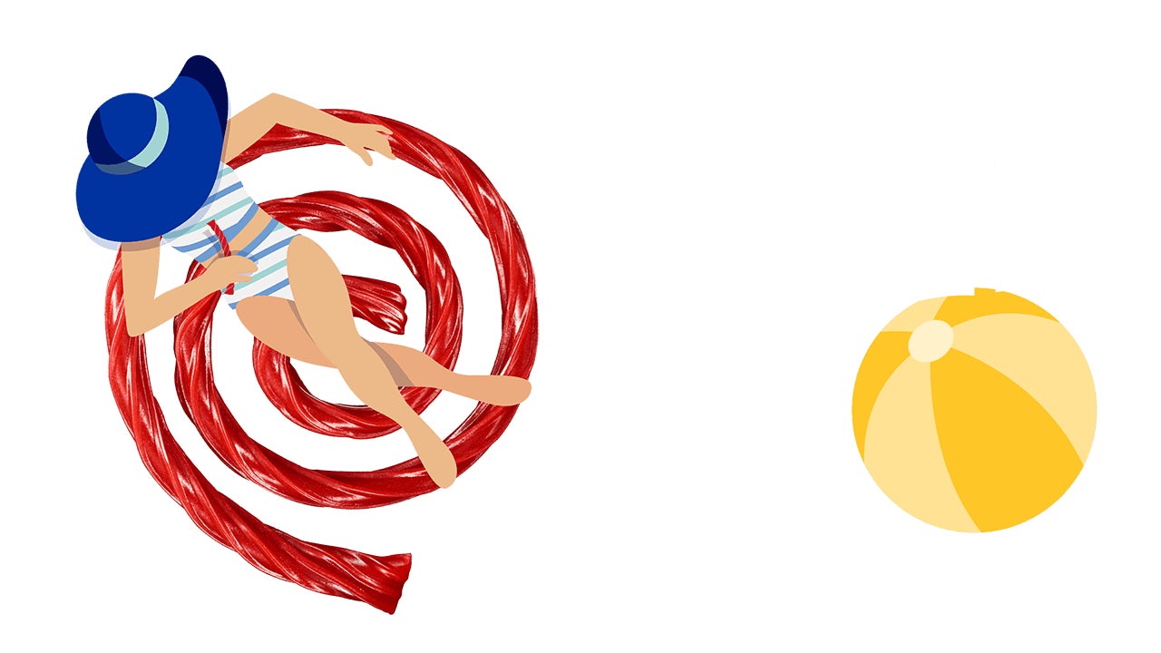 illustration of a woman relaxing in a pool while floating on a twizzlers twist
