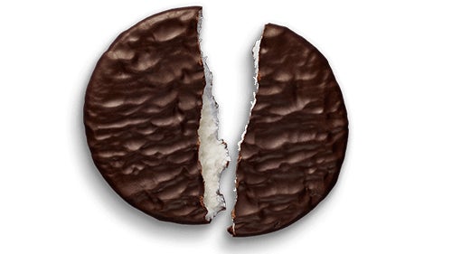 unwrapped york dark chocolate peppermint pattie split in half