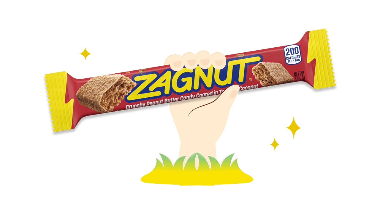 illustrated hand coming up from the ground holding a zagnut candy bar