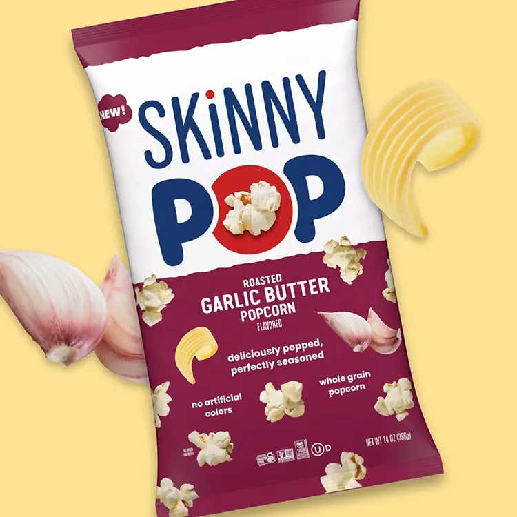 bag of skinnypop roasted garlic butter popcorn